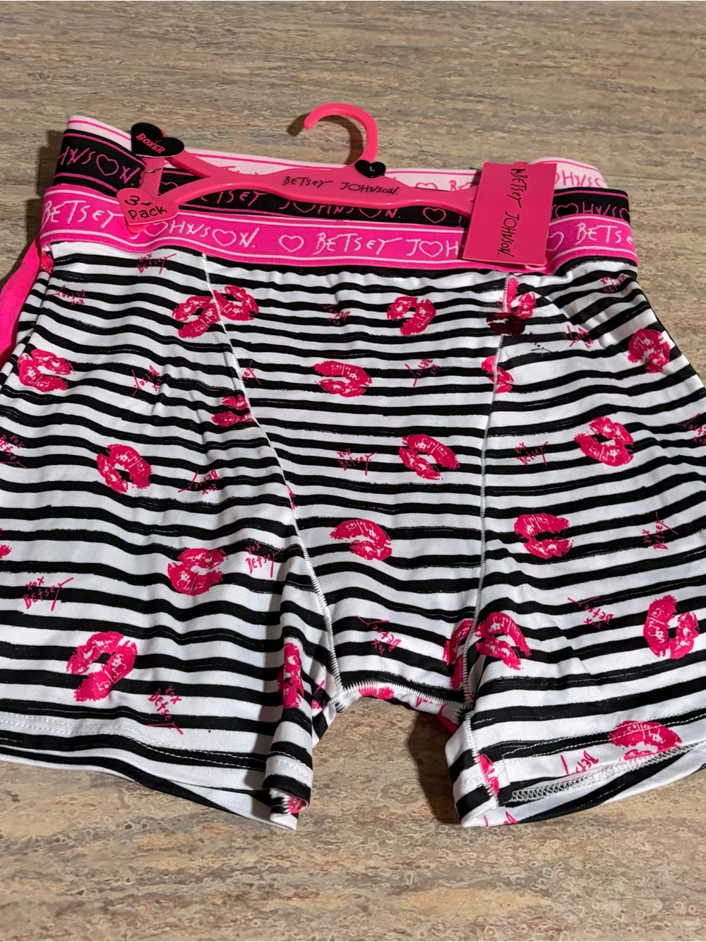 Betsey Johnson 3-Pack Black & White Striped Boxer Panties & Hot Pink Lip Print